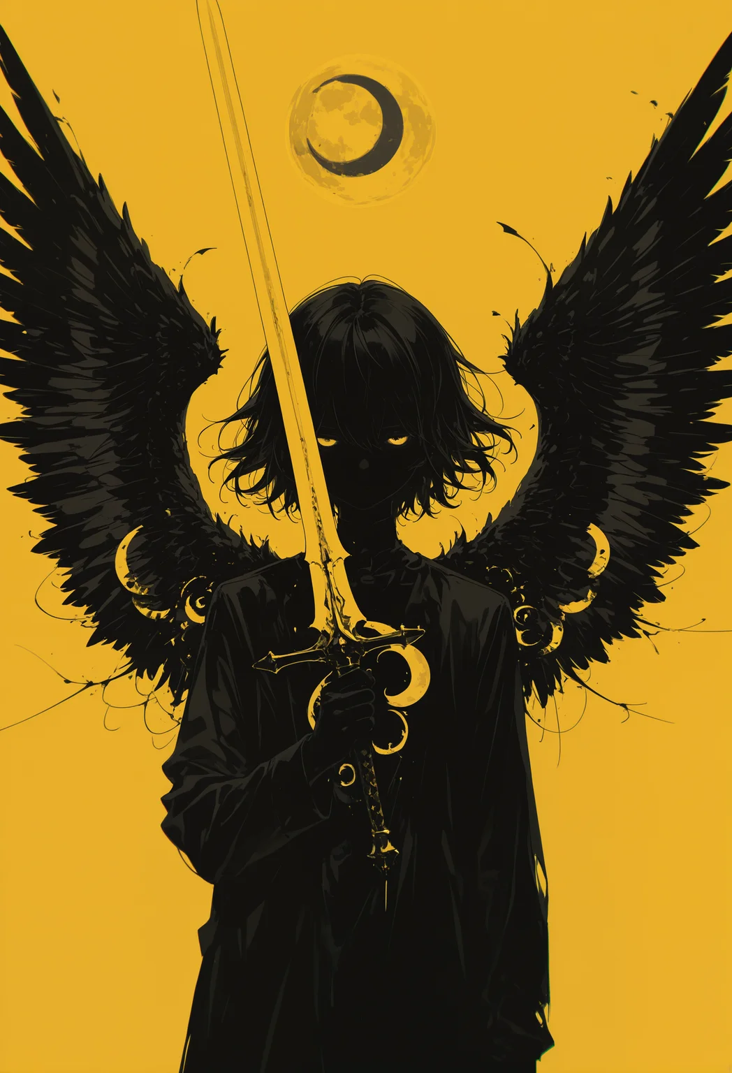 masterpiece, best quality, newest, highres, absurdres,focused subject,no lineart, no outline, solo, 1boy, holding, monochrome, weapon, wings, sword, holding weapon, holding sword, moon, yellow background, feathered wings, silhouette, chromatic aberration, dark theme,limited palette,straight on, in the style of cksc,flatline,
