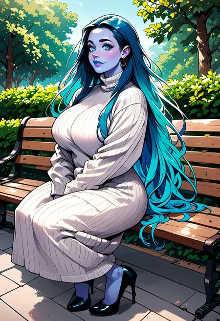commix style, score_9, score_8_up, score_7_up, 1woman, mature, (blue skin:1.3), detailed blue eyes, large round eyes, bright eyes, (long dark blue hair:1.4), fiery hair, gradient_hair to light neon blue, (very long hair), blue lipstick, huge breasts, white sweater dress, high heels, jewelry, sitting on bench, park,