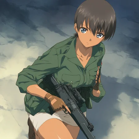 masterpiece,1girl,solo,looking at viewer,<lora:Aki_Kobayakawa ag4o v1:1> aki_kobayakawa, brown hair, short hair, dark skin, blue eyes,military uniform,skirt,gun,fingerless gloves,