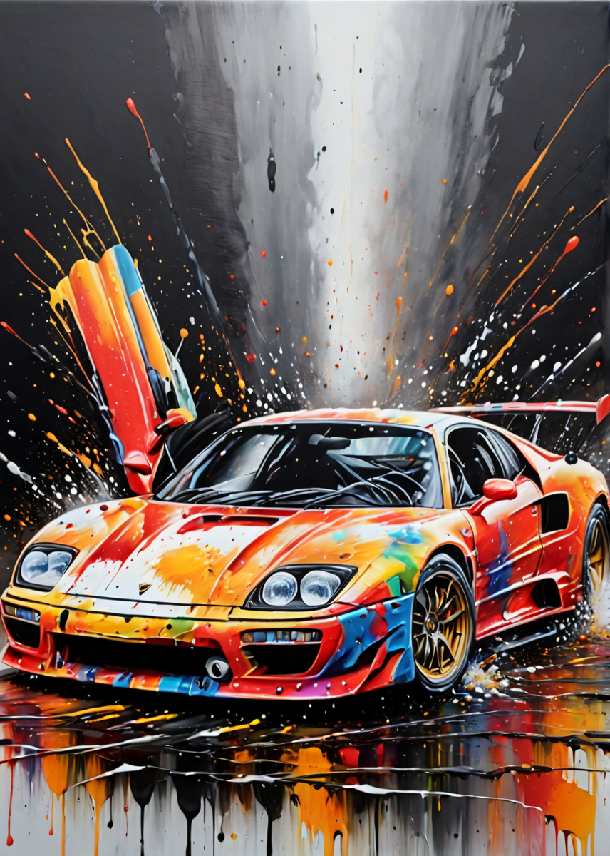 a very fast sports car, ((detailed background)), detailed, action painting, <lora:MS_AcrylicArt_V1_SDXL:1> acrylic_painting, painting, brush strokes, paint drops, paint splatter
