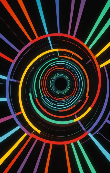 a spiral of rgb light tunnel on a spacey pitch-black background, 2001, a space odyssey,