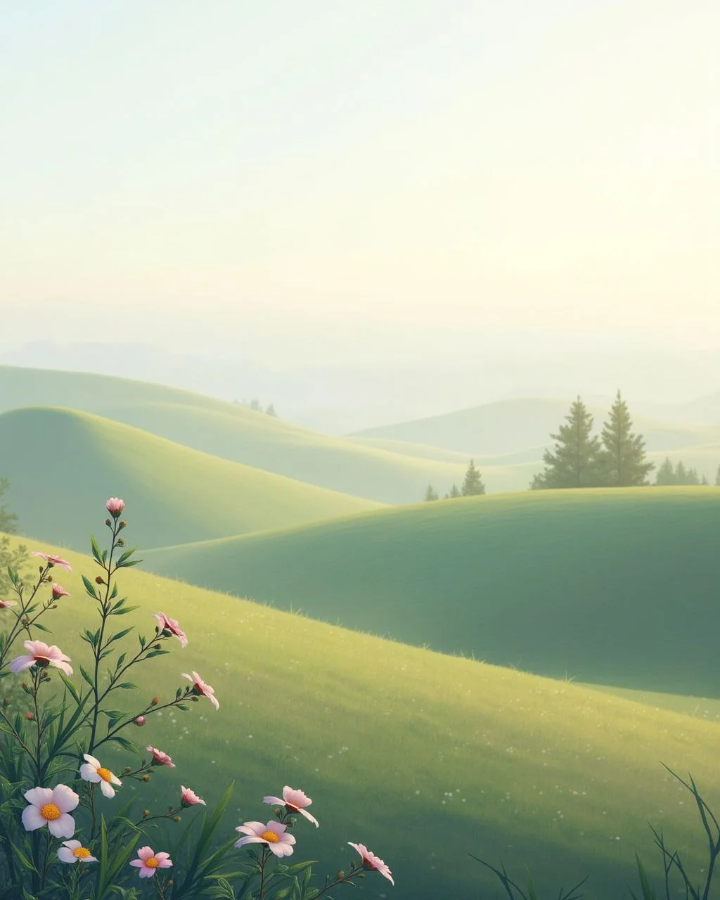 <lora:soranamae-style-flyx-v2:1.1>
Rolling hills fade into silver mist at dawn; dew-kissed wildflowers sway like pastel confetti in the foreground while distant trees become faint silhouettes. Low vantage point near the grass tops, gentle dolly forward. Mood: airy optimism and quiet awakening. soranamae style.