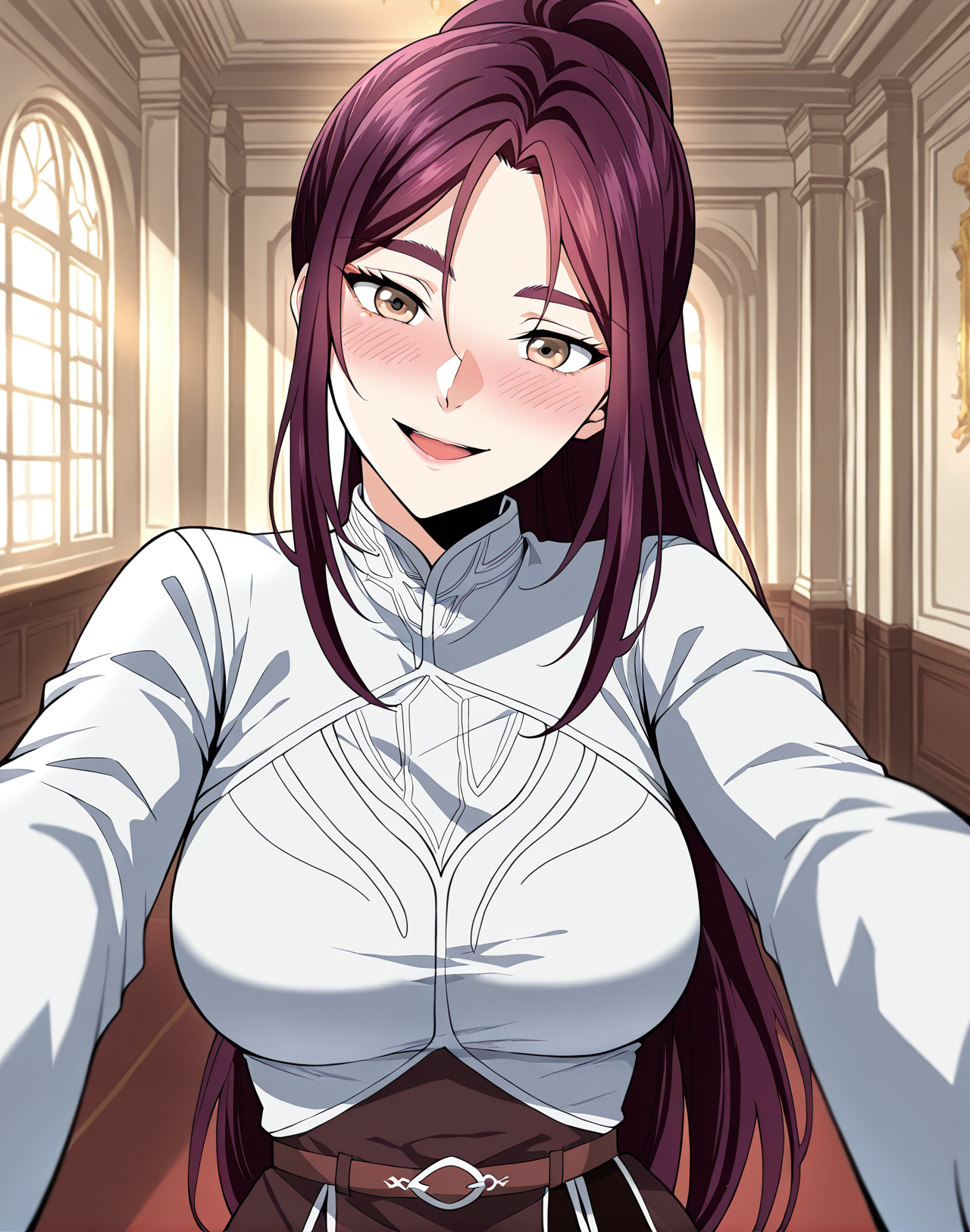 <lora:Vanesy_Glory__The_Beginning_After_the_End__Illustrious:1>
1 girl, solo, brown eyes, purple hair, long hair, ponytail, sidelocks, thick eyebrows, 
uniform, white shirt, long sleeves, belt, boots, ring
score_9, score_8_up, score_7_up, score_6_up, source_anime, rating_explicit, 1girl, solo, smile, embarrassed, alcalose eyes, open mouth, mansion, indoors, looking at viewer, outstretched arms, pov, close-up, (head tilt:1.2)