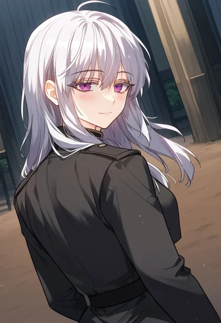 zPDXL3, score_9_up, score_8_up, score_7_up, (Anime_source), 1girl, RunnaanSullion, lavender eyes, white hair, long hair, RS Knight uniform, coat, looking back, looking at viewer, dutch angle, smile, little blush, closed mouth, half closed eyes