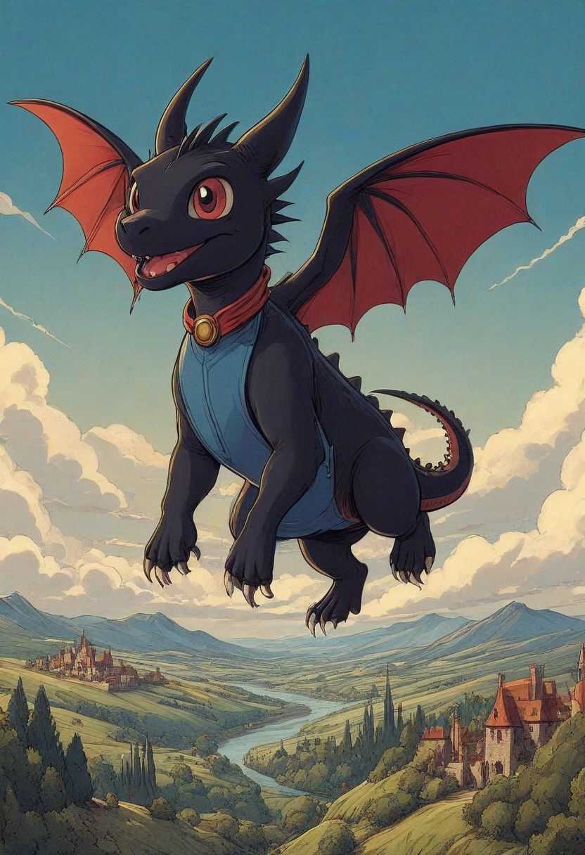 Cartoon of cute ((black):1.5) dragon, ((flying in the sky):2), playful, quirky, ((loose overalls)), (blue overalls), short torso, spread wings, dark red wing membrane, pointy wing tips, fully visible wings, 1940's cartoon, vintage cartoon, beautiful, detailed, medieval England background,