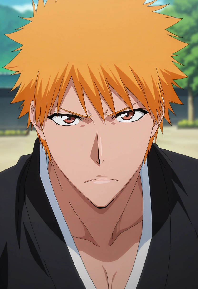 masterpiece, best quality, intricate details, anime screencap, anime coloring, official style, looking at viewer, depth of field, 1boy, solo, male focus, <lora:ichigo_kurosaki_ilxl:0.96>, ichigo_kurosaki, 1boy, orange hair, brown eyes, short hair, spiked hair, japanese clothes