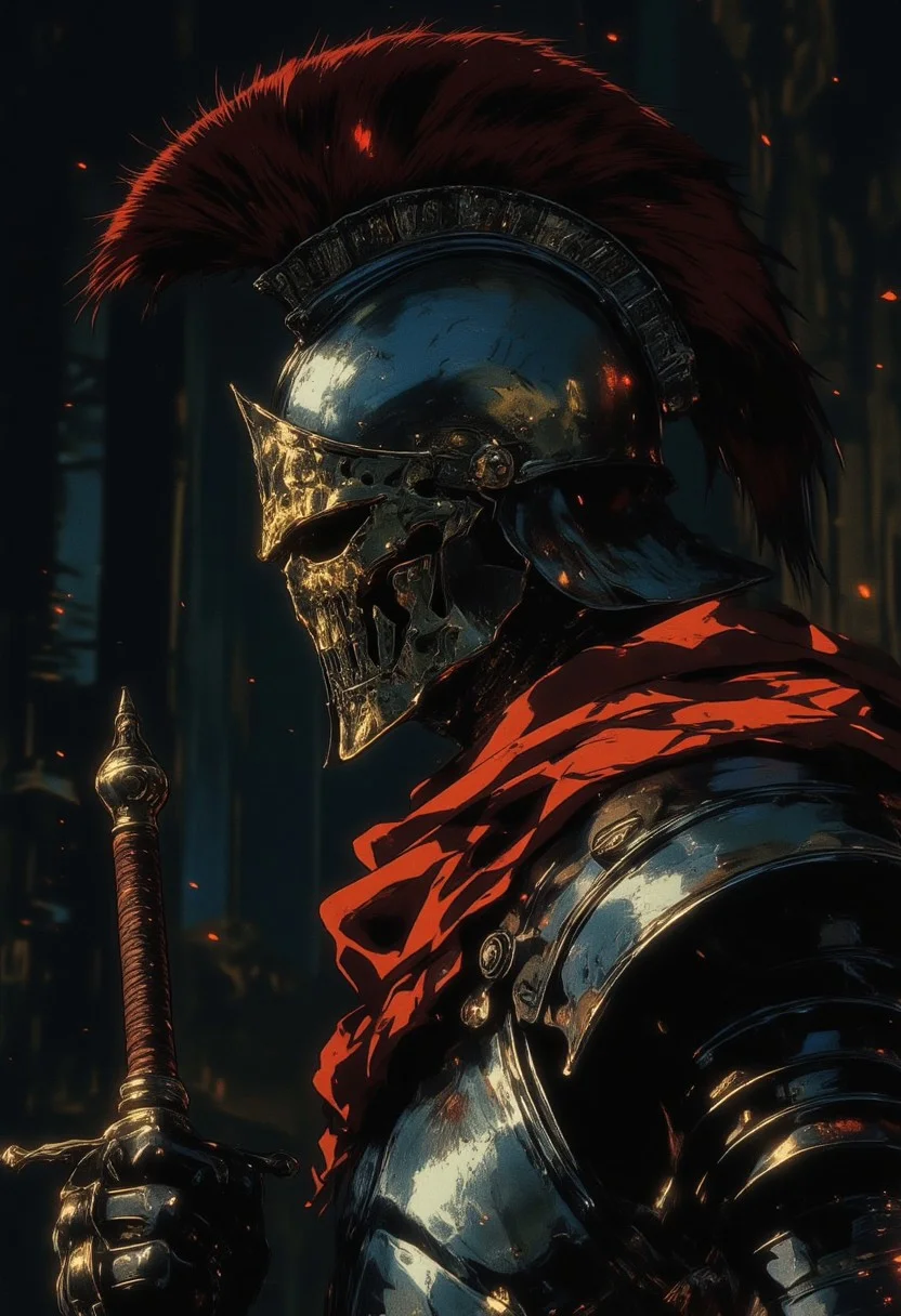 A Roman soldier is depicted in profile, wearing traditional armor, including a crested helmet. The dark and moody background adds a dramatic tone, with subtle lighting highlighting the metallic surfaces of the soldier's armor. Holds a sword,