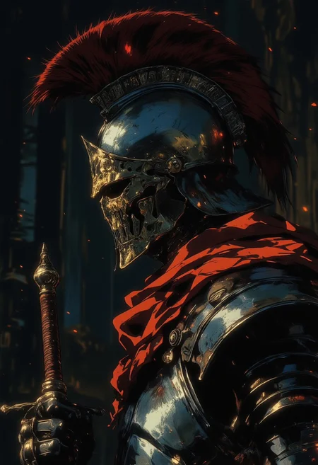 A Roman soldier is depicted in profile, wearing traditional armor, including a crested helmet. The dark and moody background adds a dramatic tone, with subtle lighting highlighting the metallic surfaces of the soldier's armor. Holds a sword,