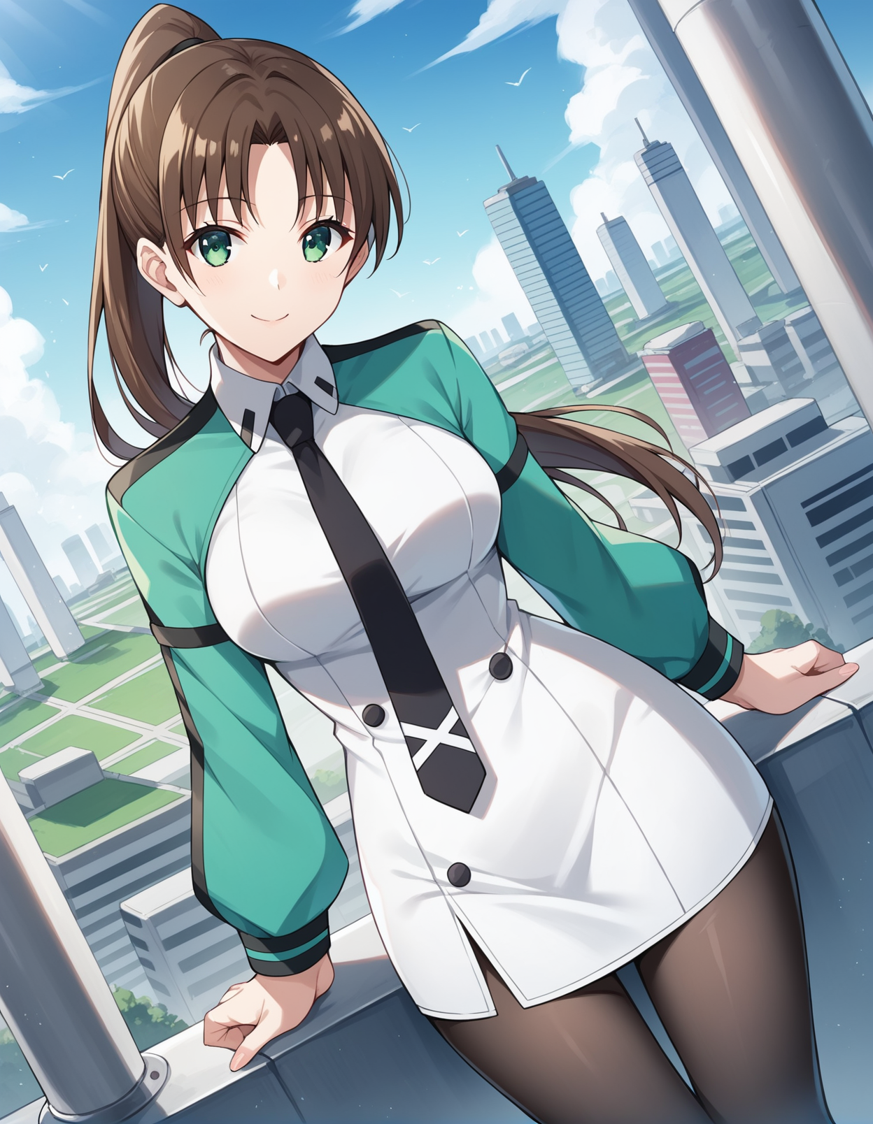 score_9, score_8_up, score_7_up, score_6_up, score_5_up, score_4_up, source_anime, rating_safe, BREAK <lora:sayakaMibuXL_LoRA-C3Lier_AdamW_Dim8_Alpha8_UN-3e-4_TE-1.5e-4_10batch_ponyDiffusionV6XL_v6StartWithThisOne:1>, sayaka mibu, 1girl, brown hair, long hair, ponytail, green eyes, medium breasts, shrug \(clothing\), green jacket, white dress, long sleeves, black necktie, pantyhose, standing, light smile, dutch angle, looking at viewer, city, cityscape, utility pole