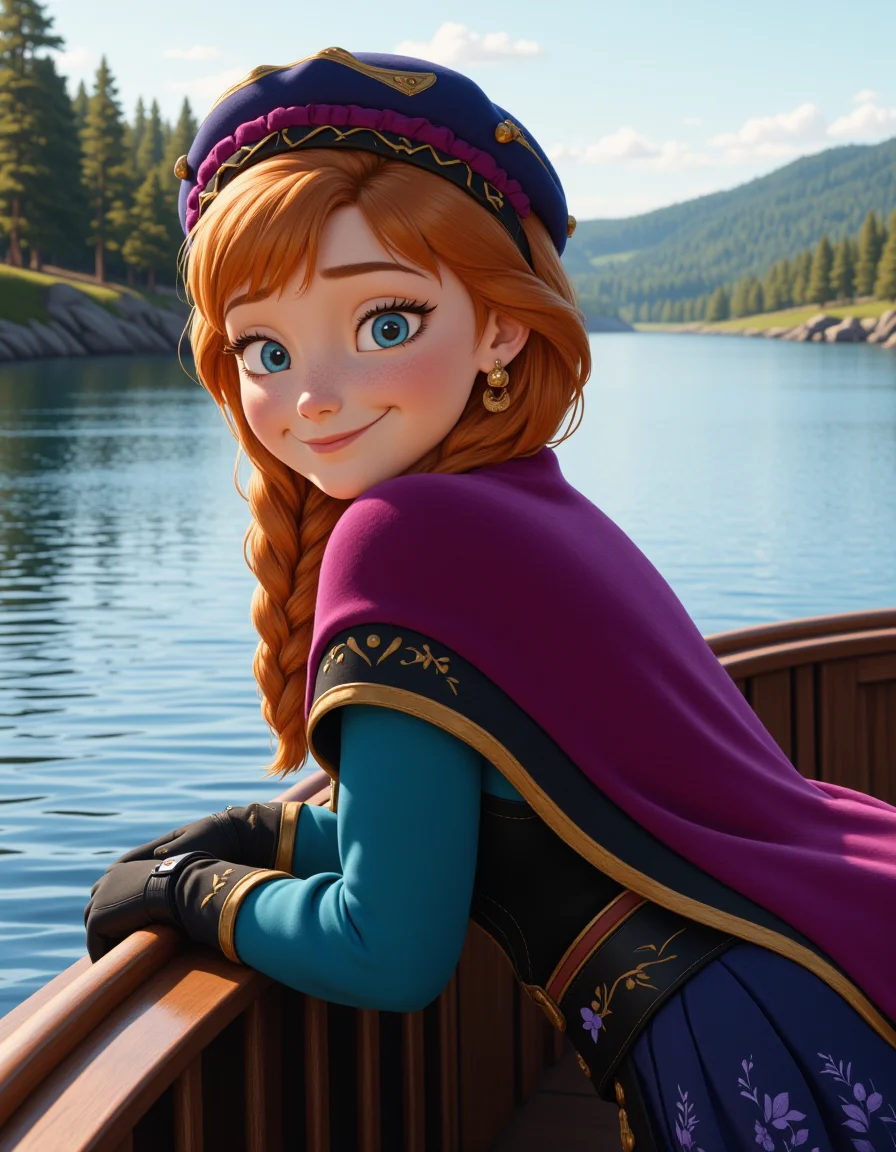 Semi-Realistic Style in a wide shot. Looking at viewer, outdoors in daylight, explicit
She is a 25 year old mature woman, and adult, Joyful with a bright smile, eyes crinkling at the corners, and cheeks lifted in delight.
<lora:Frozen_-_Anna_v2_000030:1> f-anna she has blue eyes, orange hair and a freckled face. Wearing a
Cyan blue long-sleeved blouse under a black bodice with gold trim and rosemaling, dark blue skirt with lavender floral designs, magenta cape with purple lining and pompom trim, black boots with gold embroidery, magenta hat with purple lining, navy gloves.â
A woman leans over the railing of a boat as it drifts along a calm river, watching the ripples form behind her while the soft hum of the engine fills the air.