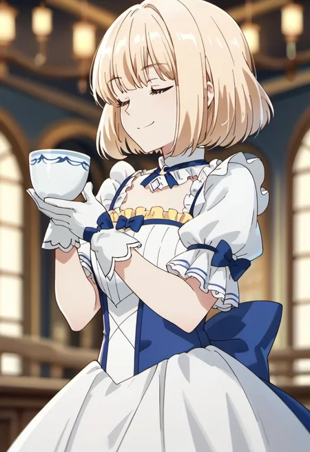 score_9, score_8_up, score_7_up, source_anime, mia luna tearmoon, blonde hair, short hair, blue eyes, solo, closed eyes, cup, gloves, white gloves, 1girl, smile, blurry background, short sleeves, closed mouth, holding cup, dress