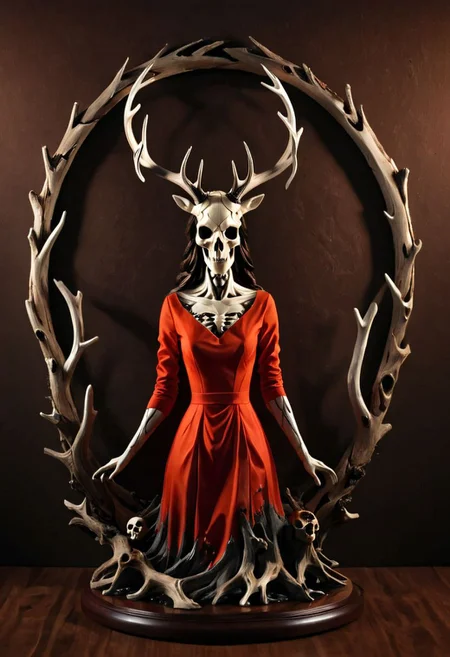 round plate on a display stand, hand Carved, 3D Seascape, abstract art, Carving, EPIC, Marbled Effect, <lora:3D_Framed_Wall_Art_-_By_DICE:0.4>, (3D Framed, girl in red dress), UHD, <lora:Driftwood_Detailed_Art_-_By_DICE:0.8> , driftwood, wendigo, monster with animal skull, antlers, eldritch horror, glowing eyes, orange eyes, dark theme, dramatic lighting, dark light, top lighting, red theme, dark background