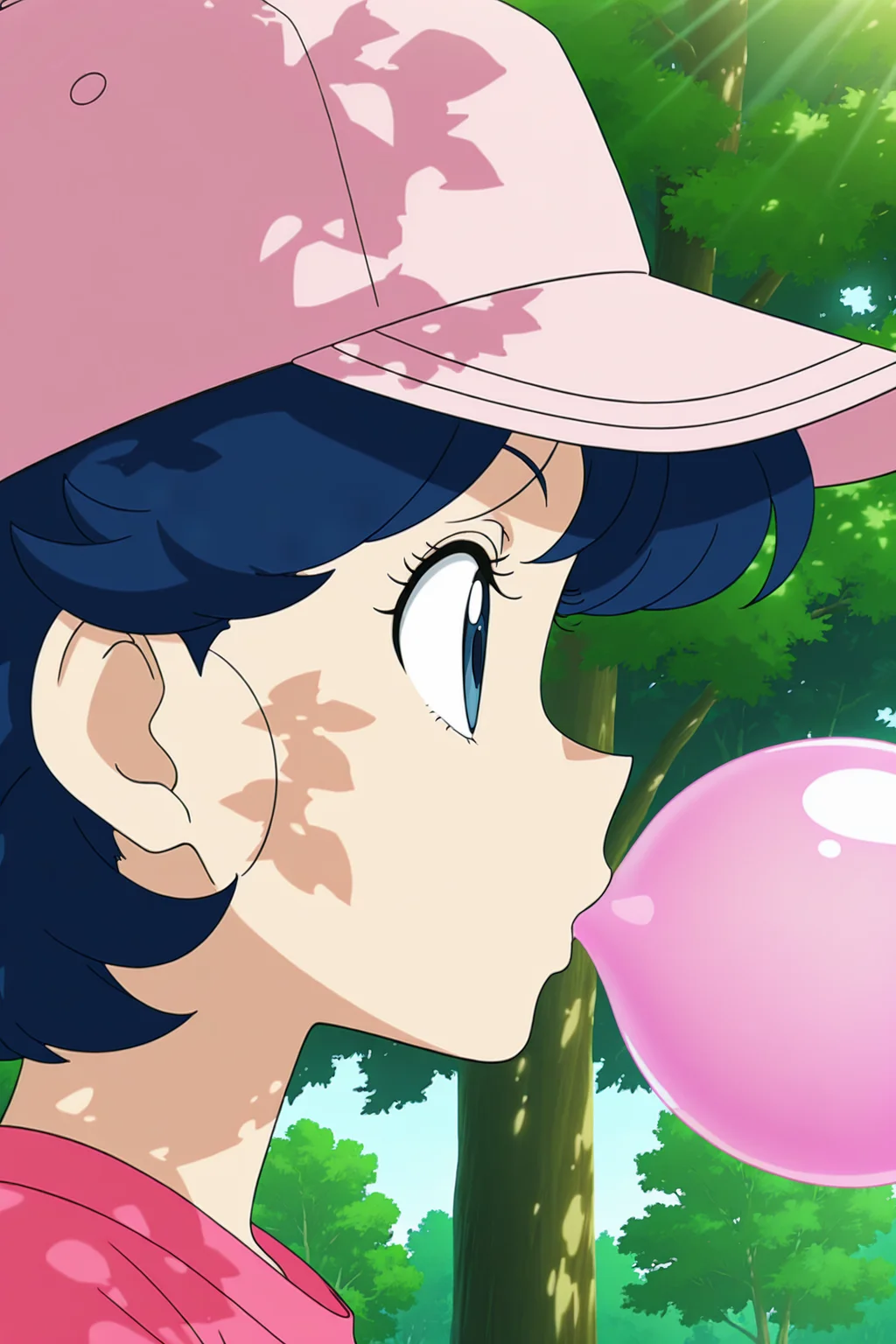 anime screencap, absurdres, high quality, official style,
launch good, official style, 1girl, solo, dappled sunlight, blue hair, blue eyes, profile, portrait, baseball cap, outdoors, pink shirt, pink headwear, flat color, bubble blowing, chewing gum, from side, looking ahead, eyelashes, tree, nature, dappled sunlight,
<lora:Launch_IL:0.8>