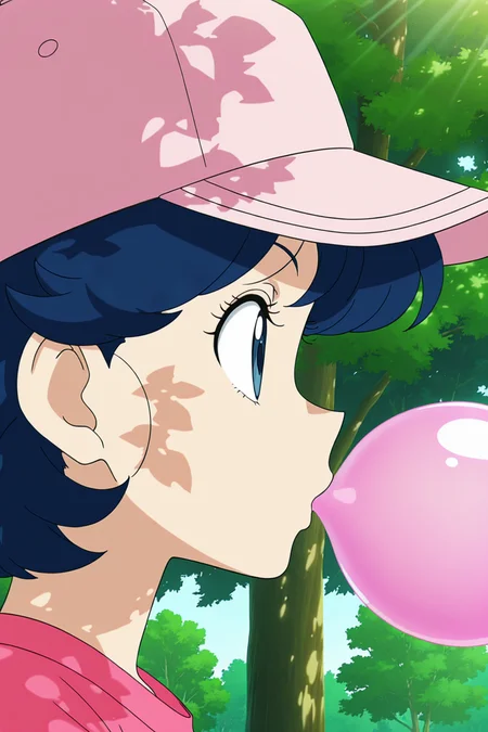 anime screencap, absurdres, high quality, official style,
launch good, official style, 1girl, solo, dappled sunlight, blue hair, blue eyes, profile, portrait, baseball cap, outdoors, pink shirt, pink headwear, flat color, bubble blowing, chewing gum, from side, looking ahead, eyelashes, tree, nature, dappled sunlight,
<lora:Launch_IL:0.8>