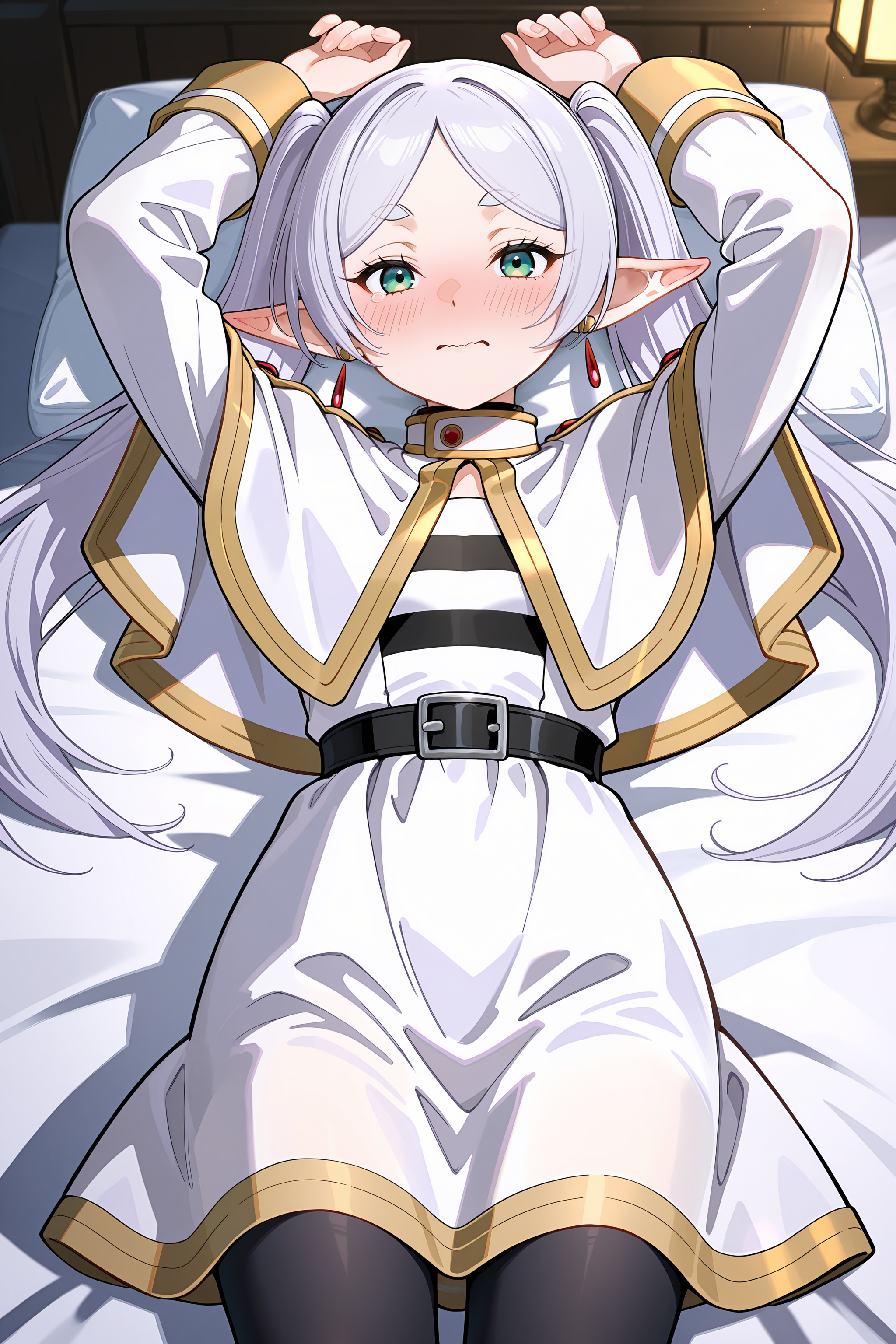 1girl, frieren, solo, twintails, earrings, black pantyhose, black belt, capelet, white skirt set, striped shirt, white jacket, lying on bed, cowboy shot, embarrassed, blush, wavy mouth, looking at viewer, arms up <lora:Char-Frieren-IL-V1:0.8:hr=0.6>, (kanzaki hiro, konya karasue, mika pikazo, rella:0.6)
masterpiece, best quality, amazing quality, very aesthetic, absurdres, newest, (scenery, volumetric lighting), ray tracing, (bloom:1.4), cinematic