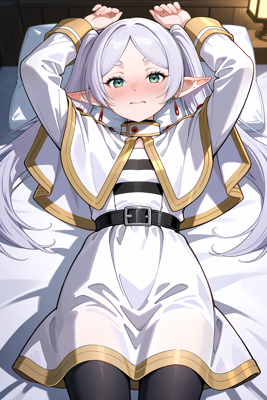 1girl, frieren, solo, twintails, earrings, black pantyhose, black belt, capelet, white skirt set, striped shirt, white jacket, lying on bed, cowboy shot, embarrassed, blush, wavy mouth, looking at viewer, arms up <lora:Char-Frieren-IL-V1:0.8:hr=0.6>, (kanzaki hiro, konya karasue, mika pikazo, rella:0.6)
masterpiece, best quality, amazing quality, very aesthetic, absurdres, newest, (scenery, volumetric lighting), ray tracing, (bloom:1.4), cinematic