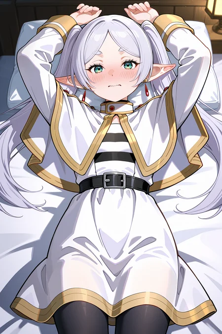 1girl, frieren, solo, twintails, earrings, black pantyhose, black belt, capelet, white skirt set, striped shirt, white jacket, lying on bed, cowboy shot, embarrassed, blush, wavy mouth, looking at viewer, arms up <lora:Char-Frieren-IL-V1:0.8:hr=0.6>, (kanzaki hiro, konya karasue, mika pikazo, rella:0.6)
masterpiece, best quality, amazing quality, very aesthetic, absurdres, newest, (scenery, volumetric lighting), ray tracing, (bloom:1.4), cinematic