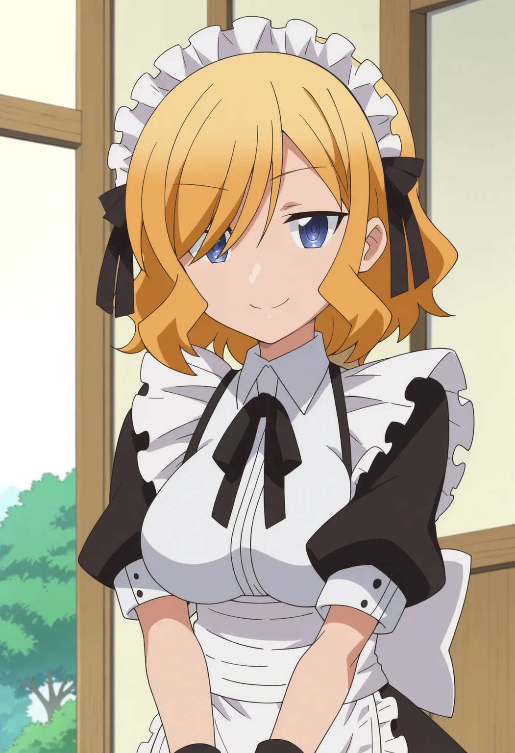 score_9, score_8_up, score_7_up, score_6_up, score_5_up, score_4_up , anime coloring ,BREAK source_anime, anime,screencap,
1boy, solo, hirot, large breasts, crossdressing, otoko no ko, hair over one eye, maid uniform, maid headdress, black hair ribbon,maid apron, wrist cuffs, neck ribbon, <lora:PonyXL Hiro Toyotomi V1:1>
indoors, upper body,
smile, looking at viewer,