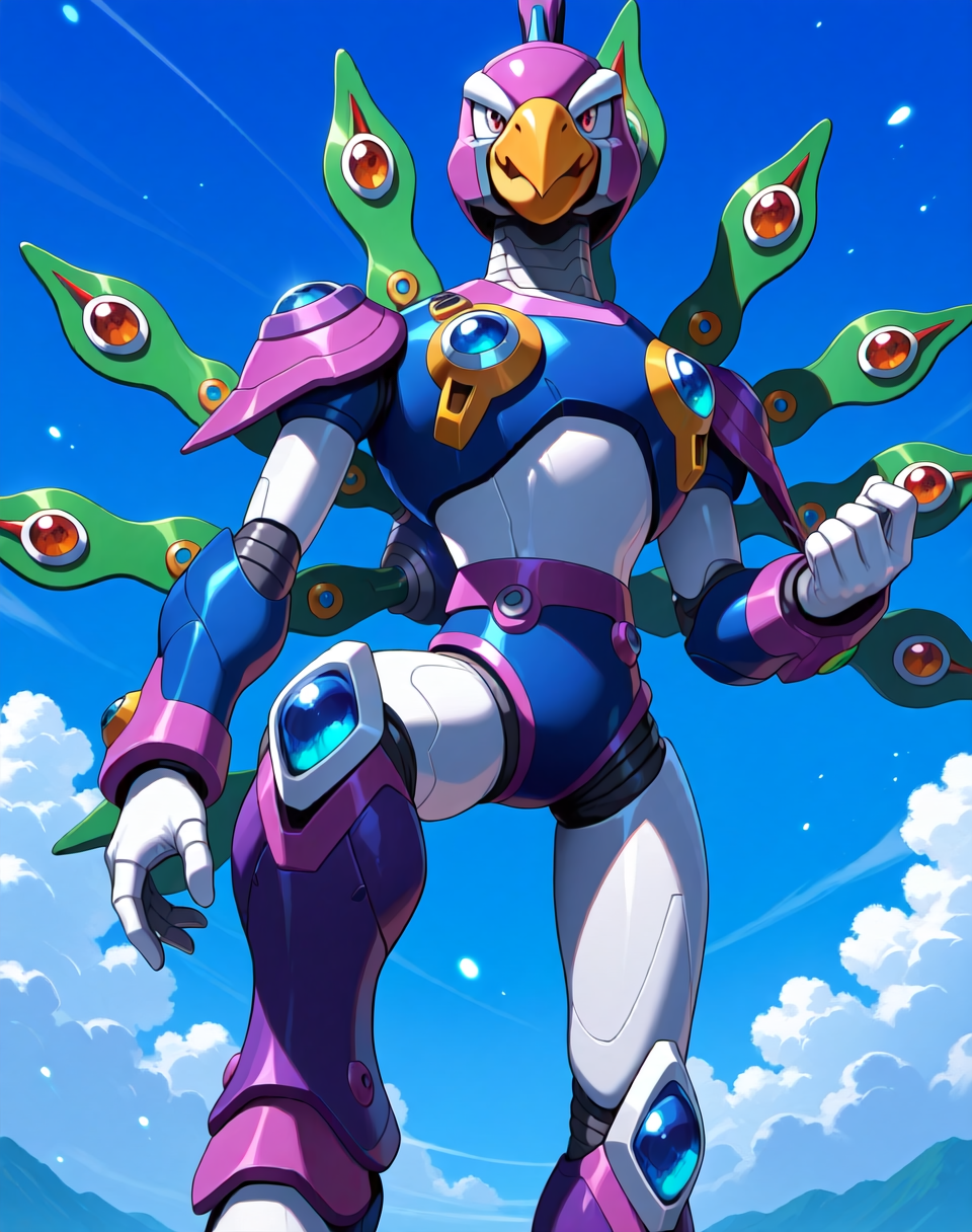 <lora:Cyber_Peacock_(Mega_Man_X)_(Illustrious)_(AD):1> Cyber Peacock, reploid, MMX, 
exterior, blue sky with clouds,
male focus, intense shadows, dynamic shadows, intricate details, attention to details, gradient coloring, bright vivid colors, robot, beak, sexy smile, half closed eyes, one leg in front of the other, 
BREAK very awa, masterpiece, best quality, amazing quality, very aesthetic, highres, absurdres, 
EZRealPONYXL, zPDXL, Smooth Quality, lazynsfw,