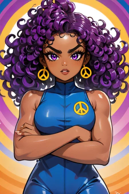 <lora:Zahara_10:1>, a Lego set art stylized by Karen Wallis, a grand art with a hint of Violet. Portraying a muscular (zahara is a beautiful black woman:1.3) , wearing Boring Jumpsuits from the 2500's, peace sign pose, she has Macedonian hair styled as Curly. hyperdetailed, complex artistic color composition. most beautiful artwork in the world, highly detail, artistic, 4K, located artistic dynamic action, illustrious, epic composition, excellent composition, detailed, positive emotional