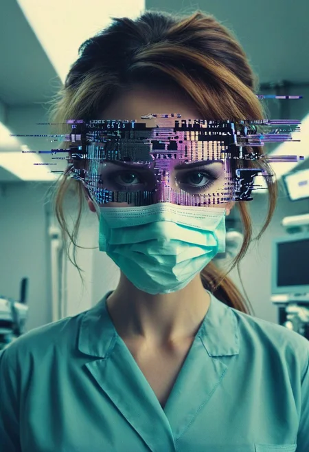 80s-anime-ai, neon-pastel glitched ascii_art, fpv, Fist Person View, Female Dentist looking down to Viewer, medical mask, surgery Scene, crazy glitched head looking down to you, Bright surgery light,