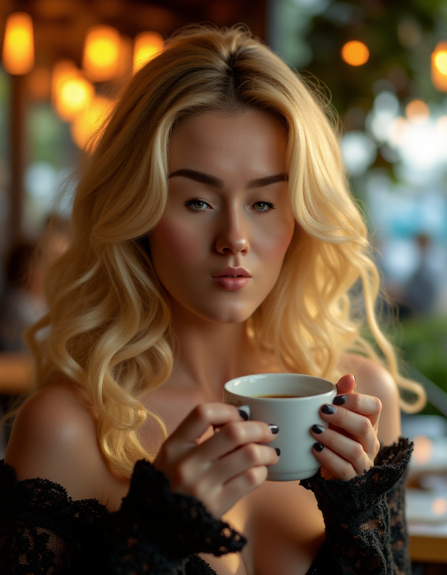 Sharp focus of a ral-smlfcs drinking coffee in a cafe, winking, Vivacious pose, her hair is Gold, shallow depth of field, Tranquil, F/1.8, natural skin texture, zen, <lora:ral-smlfcs-flux-000010:1>, highly intricate, luxurious, flowing, dynamic cinematic color, magic atmosphere, ambient light, perfect symmetry