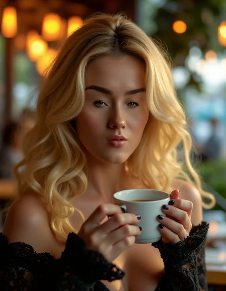 Sharp focus of a ral-smlfcs drinking coffee in a cafe, winking, Vivacious pose, her hair is Gold, shallow depth of field, Tranquil, F/1.8, natural skin texture, zen, <lora:ral-smlfcs-flux-000010:1>, highly intricate, luxurious, flowing, dynamic cinematic color, magic atmosphere, ambient light, perfect symmetry