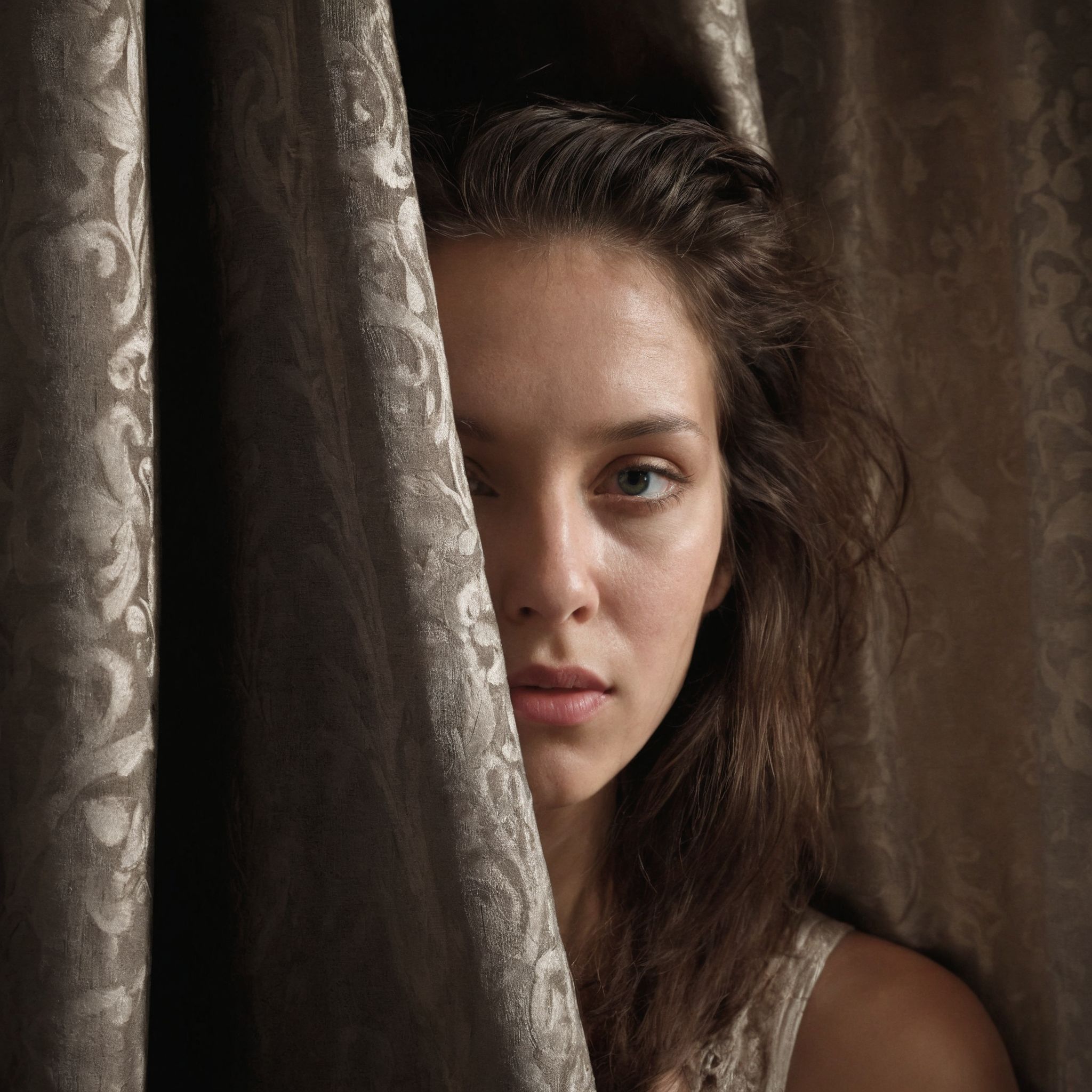 RAW photo, woman peeking from behind curtains, colorful details, award winning, high detailed, 8k, natural lighting, analog film, detailed skin, amazing composition, intricate details, subsurface scattering, velus hairs, amazing textures, filmic, chiaroscuro, soft light