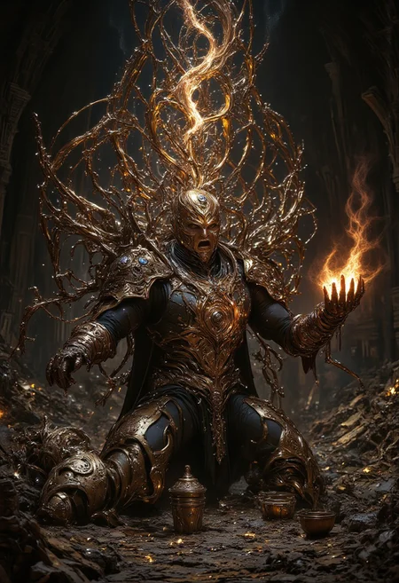 32k UHD fantasy movie still, photograph, A beautiful ecstatic female techno-wizard in a post-apocalyptic wasteland, she is chanting concentrating on a ritual many various different scraps and gears from a pile of scrap metal are levitating in front of her forming glowing armor on her, one hand is covered in metal forming a glowing gauntlet, wasteland background, high action pose, interesting camera angle, warm colors, texture, cinematic realism, high action pose, correct digits, realistic skin, intricately detailed, Cinematic style, Beauty, Realism, Photorealism, Chiaroscuro, High quality, Magic style, Cinematic style, Beauty, Realism, Photorealism, Chiaroscuro, High quality, perfection style, mythp0rt, Magic style, ArsMJStyle, Rococo Steampunk