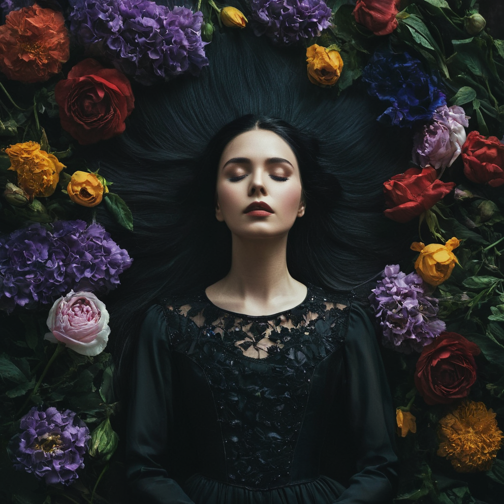 Gothic style,  <lora:Fine art photography style:1>
Juxtaposition of a woman in a dress is surrounded by flowers,Juxtaposition,artistic,photography,dramatic light,dramatic shadow light,contrast,saturated color,cinematic,filmic,photographic,realistic,realism,perfection,perfect,Juxtaposed,opposite,different things,side by side,syncretism,antithesis,Juxtaposition style,1girl,solo,long hair,black hair,closed eyes,flower,artist name,hair over one eye,blurry,lips,watermark,web address , creative, photorealism, hyperrealism, Fine art photography style, Fine art cinematic photography style, Dark, mysterious, haunting, dramatic, ornate, detailed