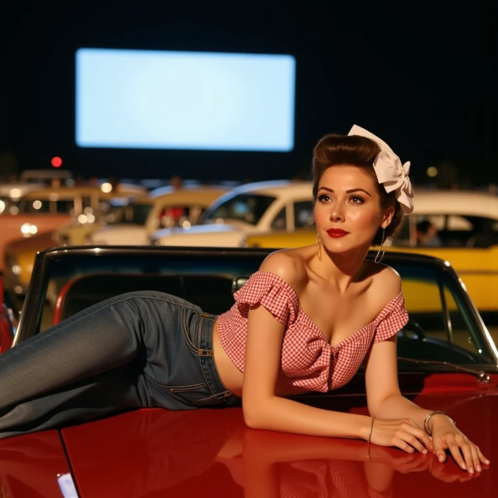 Rockabilly woman reclining on the hood of a classic 1950s car, wearing a gingham off-shoulder top and high-waisted jeans, surrounded by vintage cars at a drive-in theater. The movie screen glows faintly in the distance, casting a cool white light across the scene, while warm yellow light from car headlights creates depth and contrast. Medium shot with a 50mm lens, capturing the nostalgic ambiance of the night and the playful spirit of the 50s. <lora:rockabilly8x:1> r0ckb1ll1v2, r0ckb1ll1
