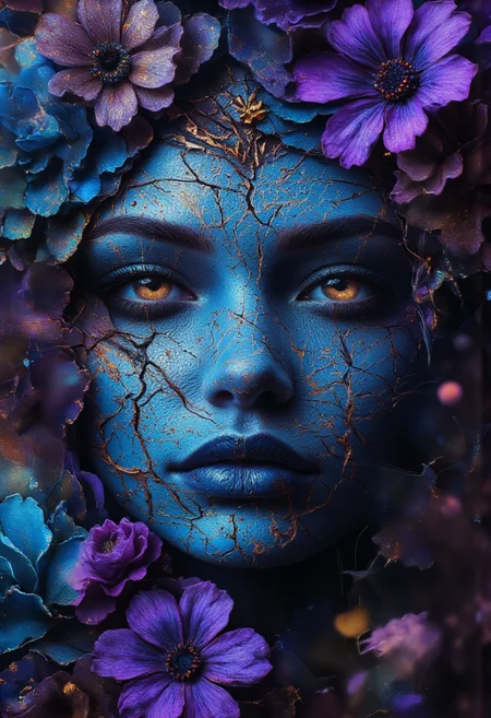 a dipiction of a hantu ulat bulu, blending form with reality. Glitching the surreal with blurred dreams in Sapphire Blue and Midnight Violet Purple muted colors. Woven light fuses delicatly with whispering shimmers creating a eyecatching and masterpiece artwork. drifting fog, cracked light and smokey haze in floating threads finishes the dreamlike reality.