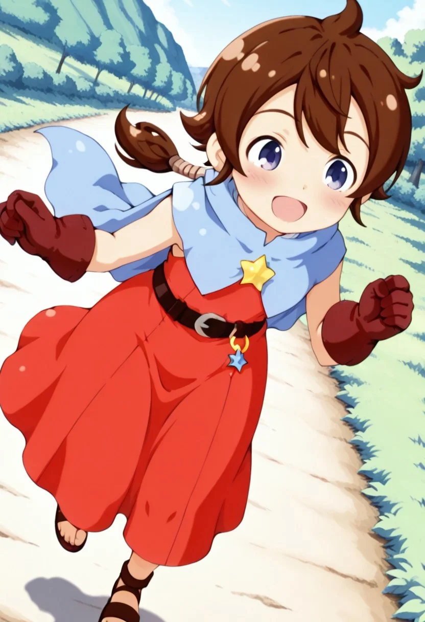 masterpiece,anime_coloring,anime_clothing,amazing_quality,Tokia_DMO, 1girl, solo,gloves, brown hair, (low ponytail), star \(symbol\), cape, sleeveless,red dress, long dress,belt, Sandals, close-up face,open mouth,blush,smile,outdoor,dynamic pose,
