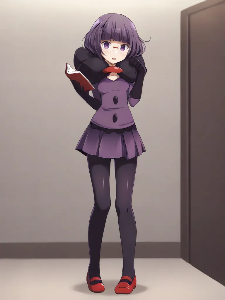 <lora:BWshauntaltsukishiro:0.7>
1girl, solo, shaunshikimital, purple hair, short hair, bob cut, blunt bangs, purple eyes, glasses, capelet, purple shirt, elbow gloves, purple skirt, pantyhose, red mary janes, indoors, room, standing, holding book, full body