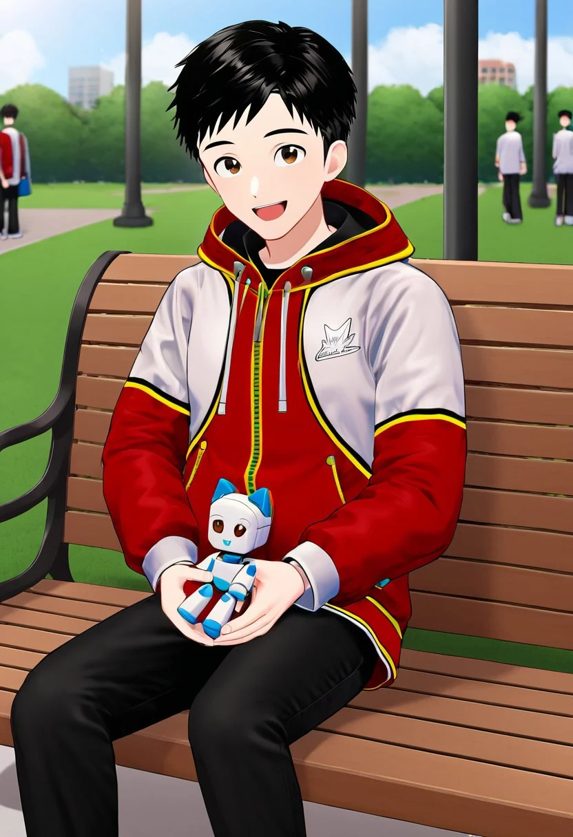 harmard, black hair, short hair, brown eyes, 1boy, (solo:1.20), solo focus, red_white_jacket, black pants, at park, happy expression, sit on bench, holding a robot toy