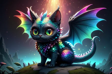 (obese:1.1) adorable cute cartoon dragon cat, iridescent scales, wings, rainbow with black, wings, dynamic pose, misty night, stunning full body anime art by (Mark Ryden:1.1) <lora:Nicoletta_Ceccoli_2:0.4> Nicoletta Ceccoli <lora:another-bored-monsters:0.45> fx-monsters <lora:AnotherBoredDetailXL:0.7>, subsurface scattering, ultra hd, 4k, high def, Photorealistic, Hyperrealistic, Hyper detailed, analog style, realistic, masterpiece, best quality, ultra realistic, 8k, Intricate, High Detail, film photography, soft lighting, heavy shadow
