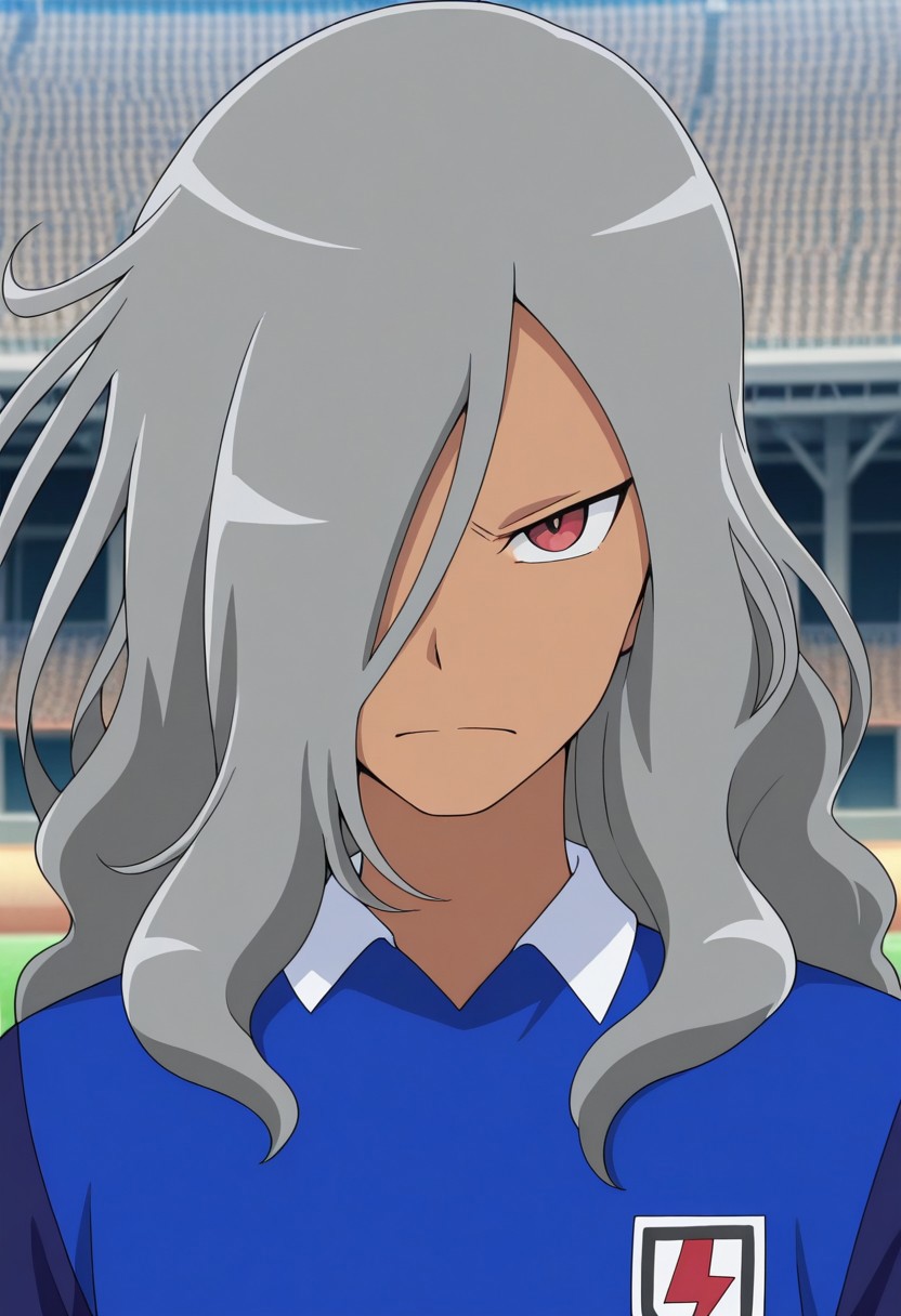 masterpiece,best quality,amazing quality, source_anime,
HaizakiRyouhei, 1boy, male focus, solo, dark skin, dark-skinned male, red eyes, grey hair, long hair, hair over one eye, orion soccer uniform, shirt, blue shirt, popped collar, raglan sleeves, portrait,
outdoor,