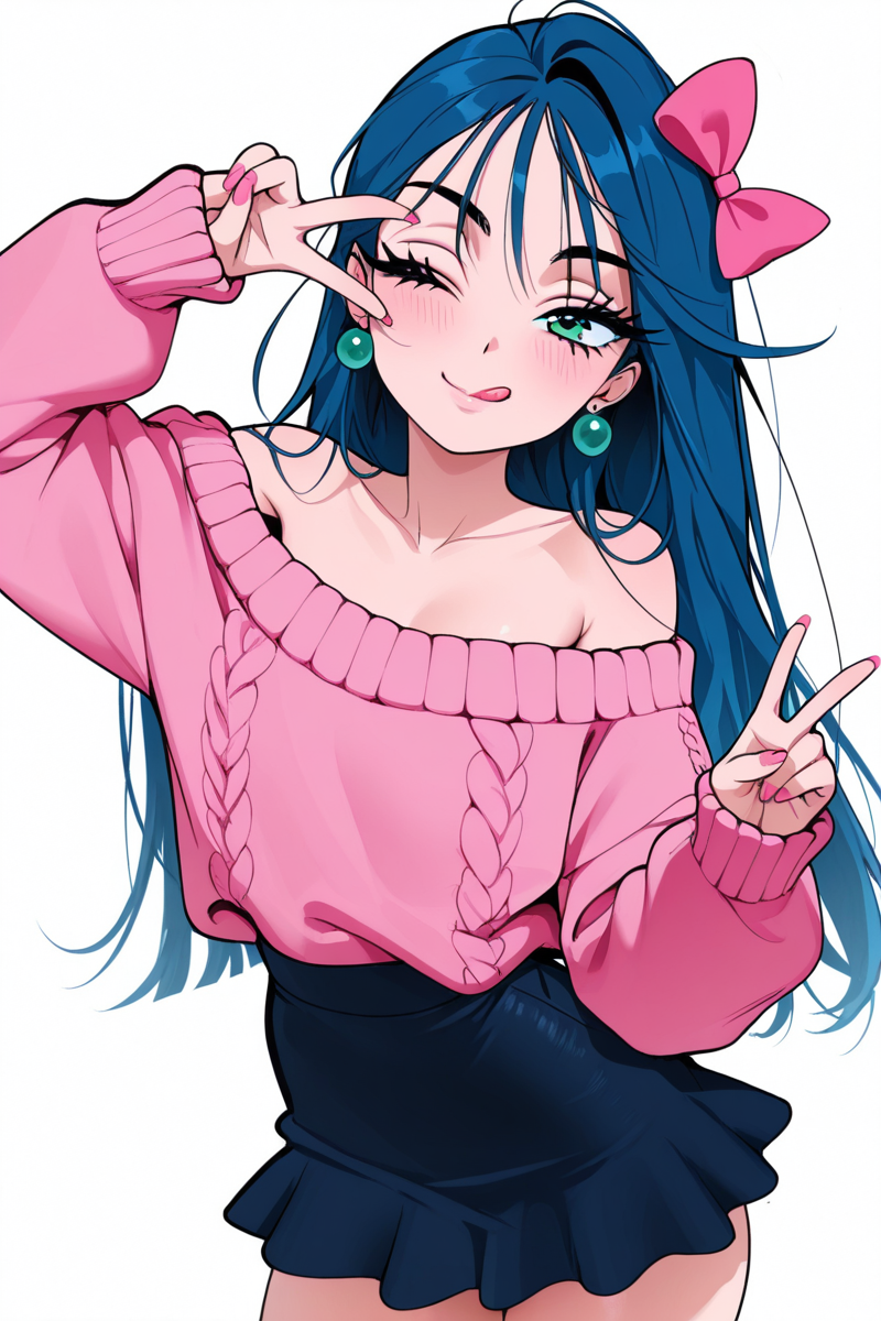 masterpiece, best quality, amazing quality,
 <lora:VIVINOS_IL:1> vivinos, 1girl, one eye closed, solo, v, skirt, tongue, long hair, jewelry, tongue out, earrings, sweater, pink sweater, bow, hair bow, eyelashes, white background, nail polish, looking at viewer, simple background, smile, ;q, off-shoulder sweater, pink nails, pink bow, blue hair