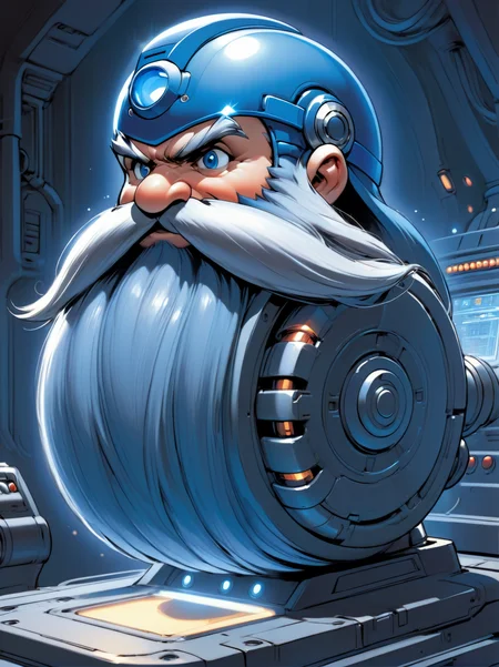 megaman helmet, mega buster, ultra detailed, masterpiece, Harry_Dwarf, dwarf-like, flowing long blue beard, twirly moustache,cannon moustache, bald, bangles, <lora:Harry_Dwarf_1.5:1>, back lighting, beautiful lighting, retro-futuristic computer domain, machine panels, blinky lights