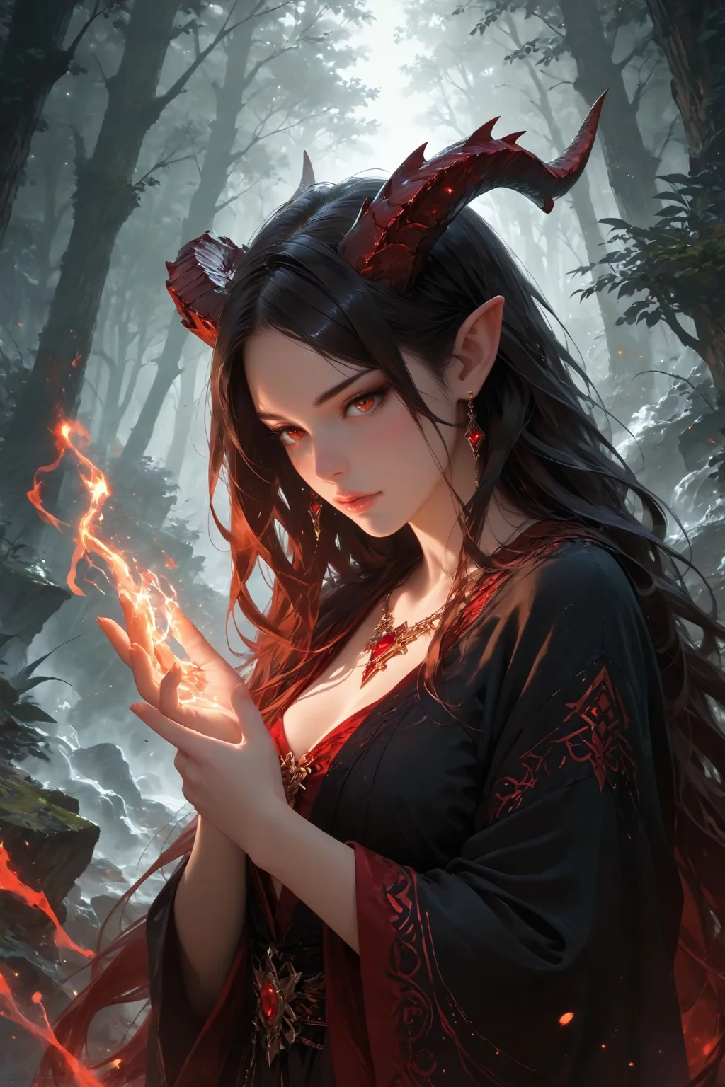 detailed background,Cinematic Lighting,film grain,score_9,score_8_up,score_7_up,masterpiece,best quality,highly detailed,
<lora:(增强)sdxl_lightning_8step_lora:1>,<lora:glowneon_xl_v1:1>,(glowing),<lora:hand 4:1>,hand person,<lora:Expressive_H:0.8>,Expressiveh,<lora:MythM4ngaStyle:0.6>,
zPDXL,solo,monster girl,very beautiful,wizard,black robe,red trim,long hair,horns,scales,blue and purple gradient skin,magic on finger,in the forest,fantasy,solo focus,epic,concept art,realistic,highly detailed,black and red theme,monochrome,greyscale,