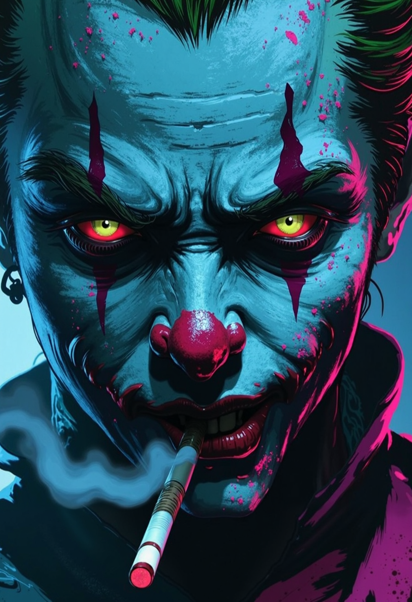 bo-neon, ArcaneFGTNR, a highly detailed digital artwork featuring a close-up of a clown's face, the clown has a pale, almost translucent complexion with a vivid red nose and prominent, jagged eyebrows, his eyes are a striking, vivid green, and his expression is intense and slightly sinister, with a slight smirk, he is holding a cigarette in his right hand, which is partially obscured by thick, dark smoke, the smoke creates a dramatic contrast with the clown's bright red and white makeup, which contrasts starkly with the cool tones of his skin, the background is a dark, gradient blue, which makes the clown stand out vividly, the texture of the smoke appears smooth and reflective, adding depth and realism to the artwork, the overall style is highly realistic, with meticulous attention to detail in the makeup and lighting, creating a vivid and immersive visual experience, high quality, ultra detailed, colorful, grainy, cyberpunk fantasy<lora:boFLUX Abyss Neon.safetensors:0.8:0.8> <lora:ArcaneFGTNR.safetensors:1.0:1.0>