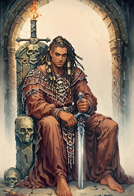score_9, score_8_up, score_7_up, oblivionarts, solo, 1boy, warrior, ((african male)), brown eyes, muscular, long dread locks, loose dread locks, barbarian garb, sitting on throne of skulls, skull throne, piles of skulls, bored expression, holding sword point down, planted sword, large sword, plain broadsword, dark room, torch lit, abandoned temple, traditional art, medieval, <lora:Oblivion:.6>