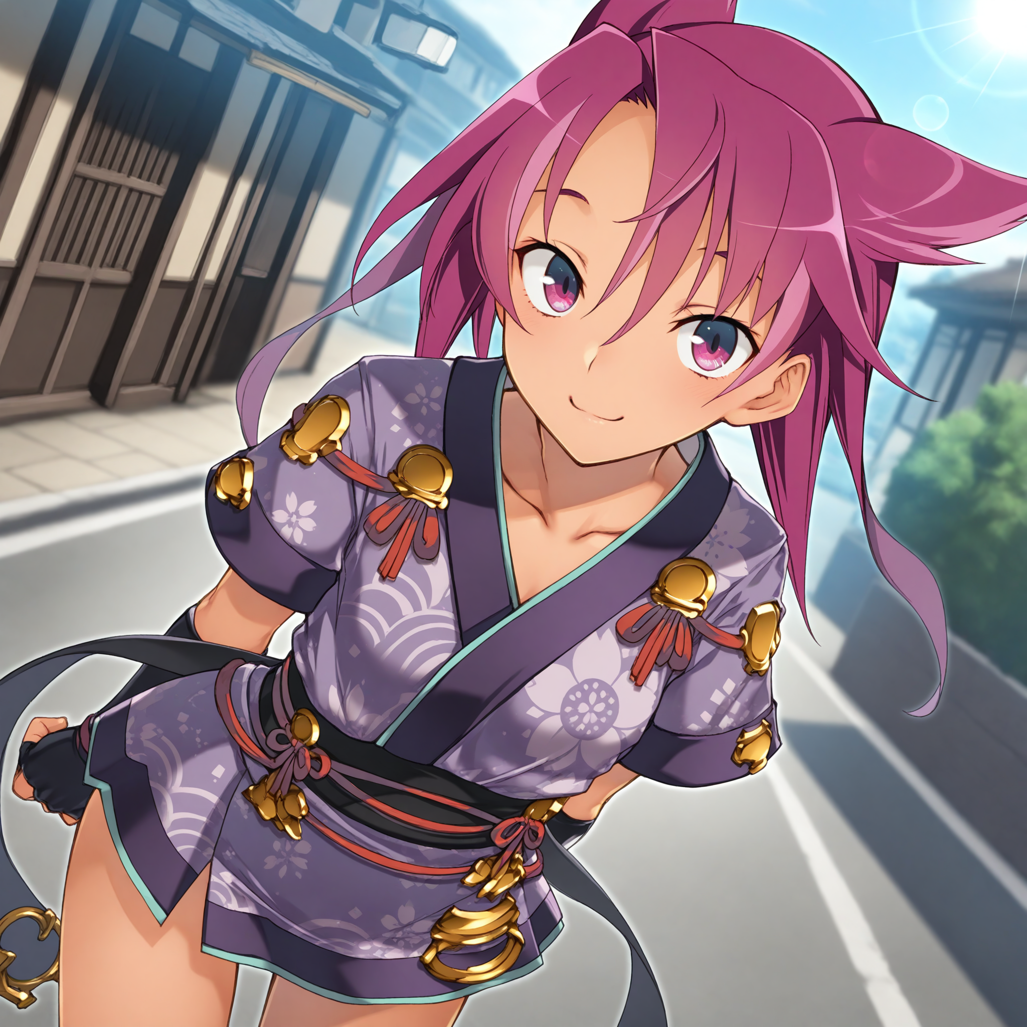 <lora:Kentou_Uzume_1_nai-000064:1>,Kentou Uzume,
japanese clothes,purple kimono,short kimono,short sleeves,fingerless gloves,black gloves,sash,obi,
1girl,solo,smile,looking at viewer,leaning forward,arms behind back,street,day,face_focus,front view,depth of field,lens_flare,dutch angle,