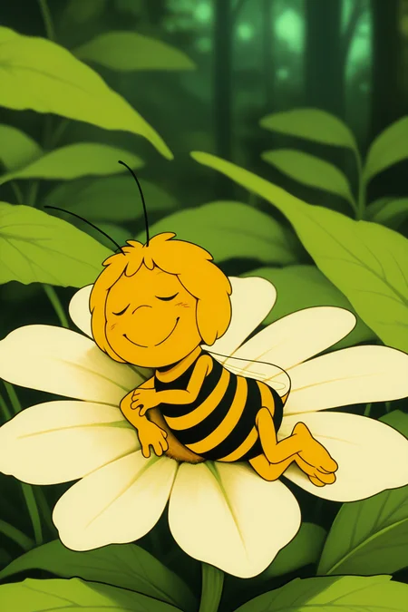 masterpiece, best quality, amazing quality, absurdres, solo, mayathebee, anthropoid girl, furry female, antennas, striped, bee girl, wings, smile, lying, closed eyes, sleeping, on flower, minigirl, outdoors, nature