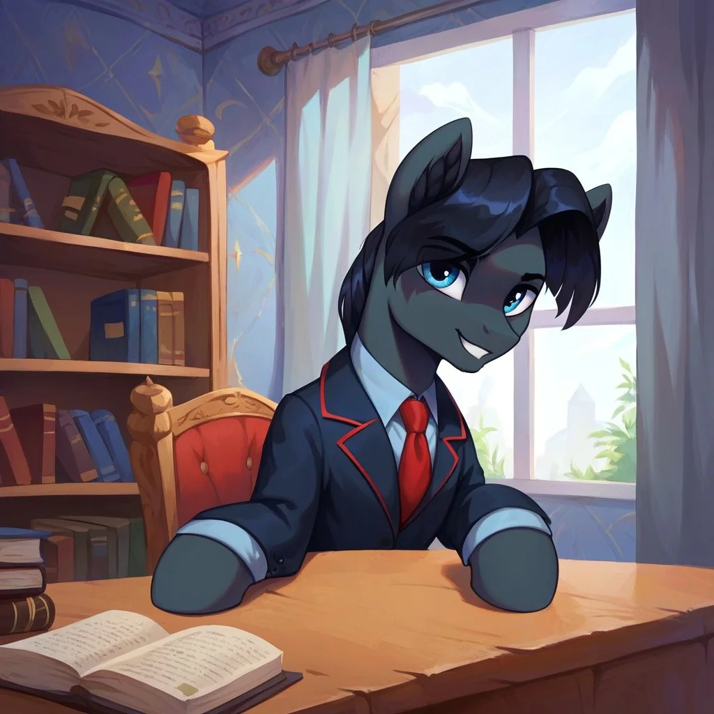 masterpiece, score_9_up, score_8_up, score_7_up, score_6_up, (best quality:1.1), ultra-detailed, high resolution, solo, Sinister Serov, pony, mlp, feral, thin eyebrows, blue eyes, stallion, male, pony ears, black ear fluff, black skin, black mane, curtain bangs, tail, full dressed, black suit, red tie, detailed facial features, expressiveh, highly visible, sharp focus, anatomically correct, detailed background, black indoors, modern times, home, metal table, sitting, leaning on table, bookshelf, armchair, books, lamp on table, three quarter view, expressiveh, highly visible, sharp focus, anatomically correct