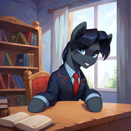 masterpiece, score_9_up, score_8_up, score_7_up, score_6_up, (best quality:1.1), ultra-detailed, high resolution, solo, Sinister Serov, pony, mlp, feral, thin eyebrows, blue eyes, stallion, male, pony ears, black ear fluff, black skin, black mane, curtain bangs, tail, full dressed, black suit, red tie, detailed facial features, expressiveh, highly visible, sharp focus, anatomically correct, detailed background, black indoors, modern times, home, metal table, sitting, leaning on table, bookshelf, armchair, books, lamp on table, three quarter view, expressiveh, highly visible, sharp focus, anatomically correct