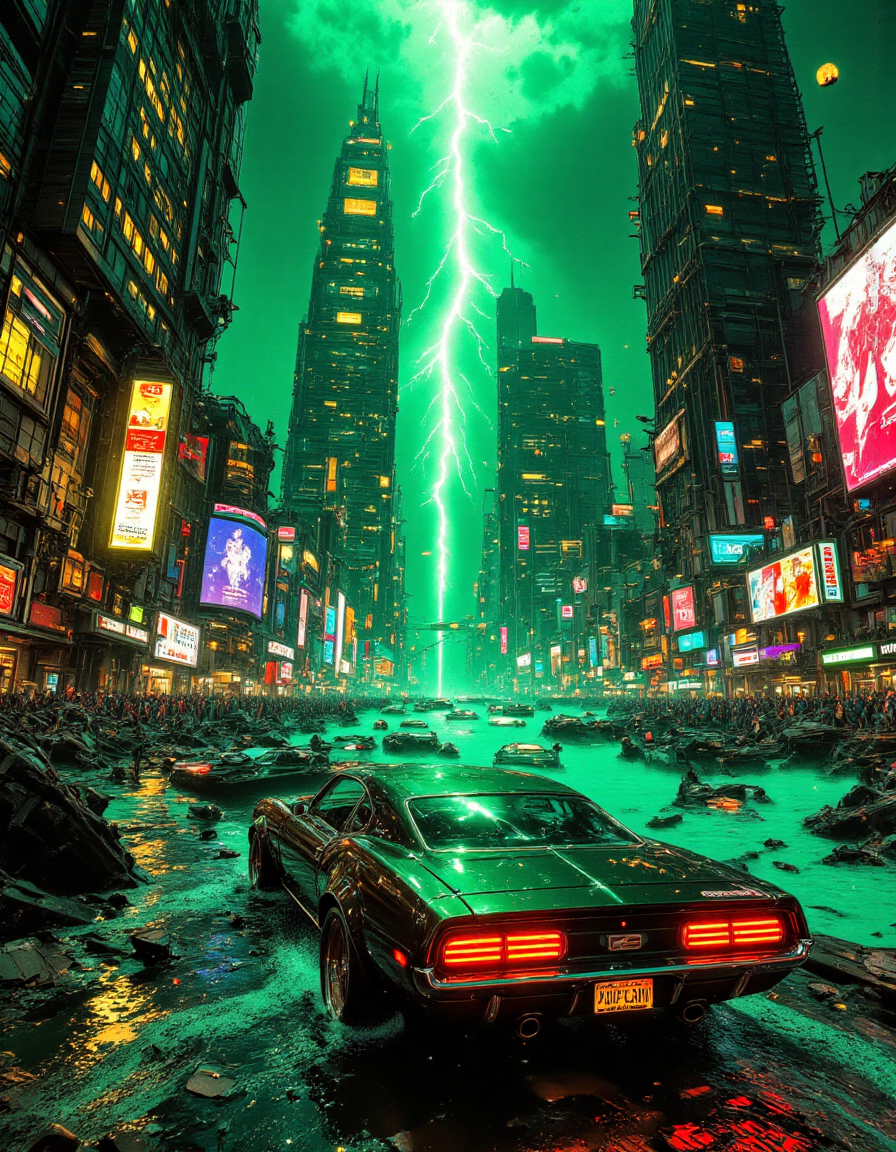 A dystopian cyberpunk city in ruins, with towering skyscrapers covered in neon remnants, partially collapsed. The air is thick with green mist and acid rain. A powerful, retro-futuristic muscle car with red glowing taillights speeds through the flooded, debris-covered streets. Lightning cracks the sky, illuminating the decayed landscape. Broken billboards flicker faintly, hinting at a lost world of corporate dominance. The environment is gritty, dark, and cinematic, evoking themes of survival and chaos
