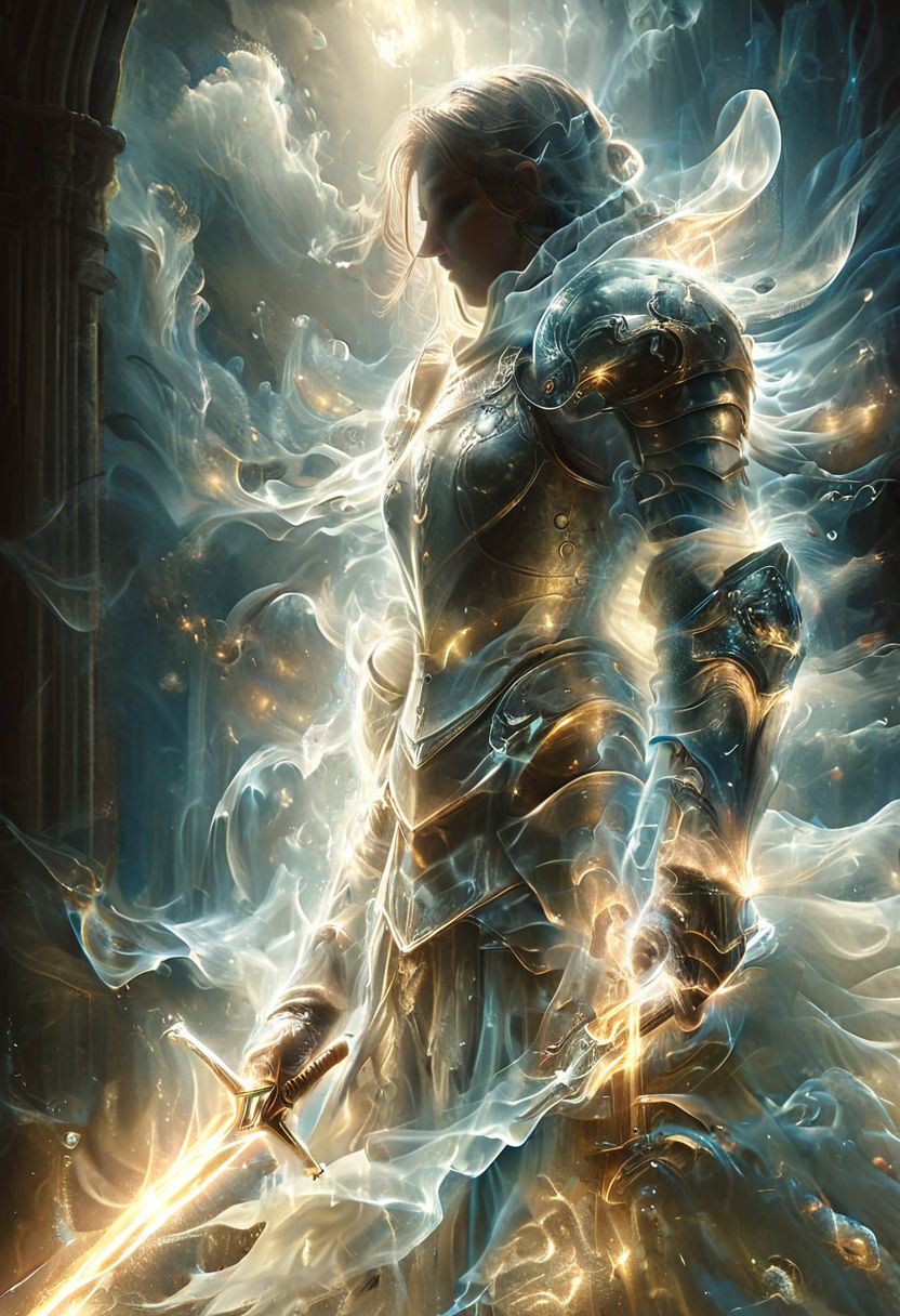 ais-ghostly in the style of an X-ray, on a dark bokeh background, energy wings like tentacles
A stunning, highly detailed dark fantasy full body illustration of a proud  warrior wearing intricate medieval  HKStyle armor and an epic ornamented mask, holding a great  glowing sword, golden and blue glooming eyes, very wide shoulders, wearing big gauntlets, epic composition. The warrior stands heroic with a flowing cloak and white hood during a storm with foggy gloom, thunderclouds in the background . with insanely intricate details and textures, gloomy dramatic lighting, 8K resolution