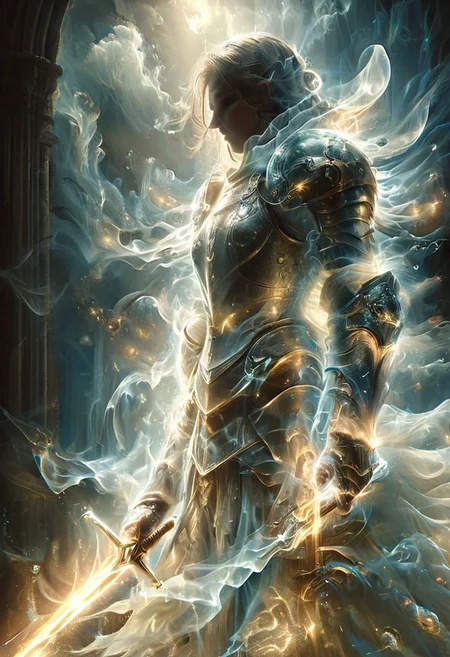 ais-ghostly in the style of an X-ray, on a dark bokeh background, energy wings like tentacles
A stunning, highly detailed dark fantasy full body illustration of a proud  warrior wearing intricate medieval  HKStyle armor and an epic ornamented mask, holding a great  glowing sword, golden and blue glooming eyes, very wide shoulders, wearing big gauntlets, epic composition. The warrior stands heroic with a flowing cloak and white hood during a storm with foggy gloom, thunderclouds in the background . with insanely intricate details and textures, gloomy dramatic lighting, 8K resolution