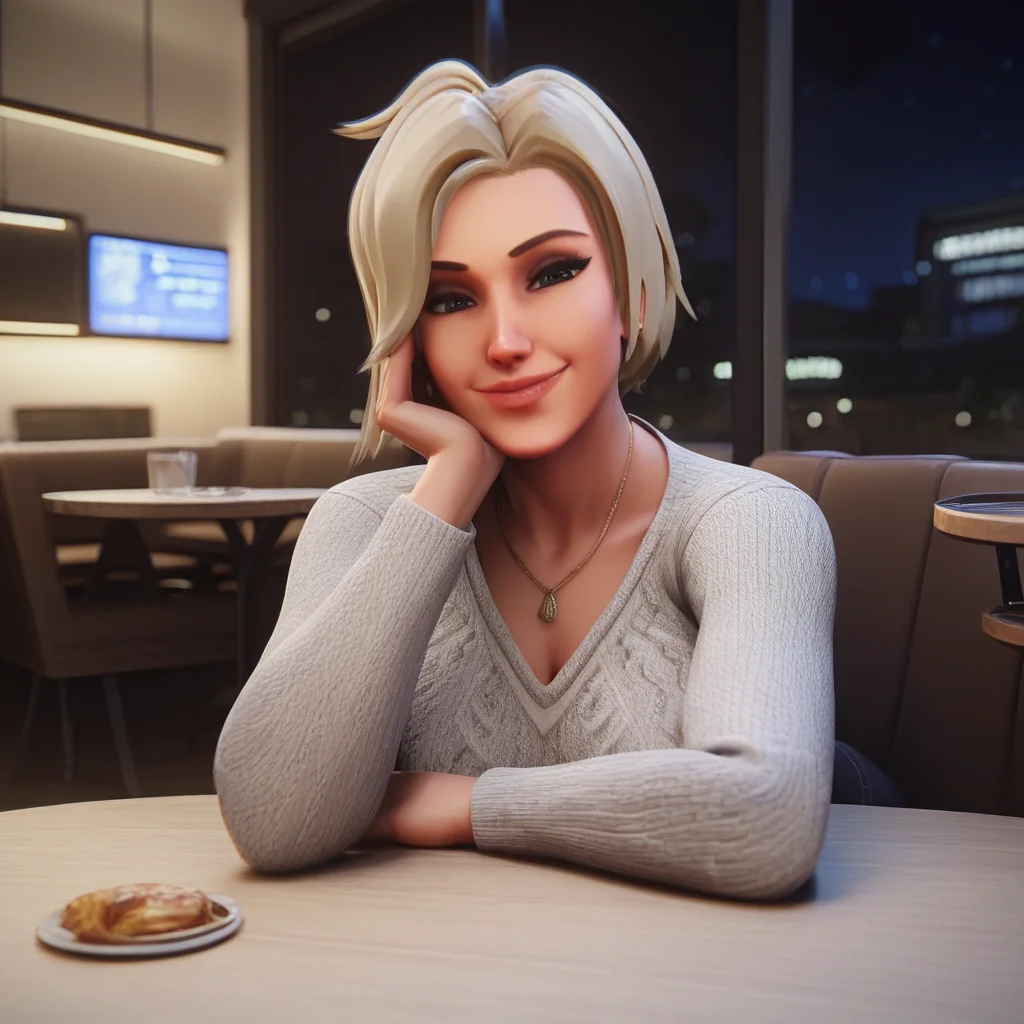 score_9, score_7_up, score_6_up, m3r2y, 1girl, sweater, necklace, looking at viewer, head tilt, head rest, smile, restaurant, sitting, pov across table, low light, night, <lora:Anime Summer Night Style SDXL_LoRA_Pony Diffusion V6 XL:0.2> <lora:m3r2yV5:1>
